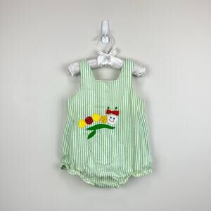 Vintage Green Seersucker Stripe Applique Caterpillar Romper 24 Months